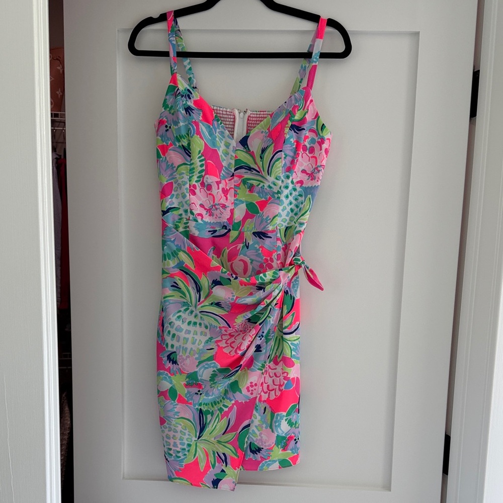 Lilly Bright Pink Tropical Print Wrap Dress